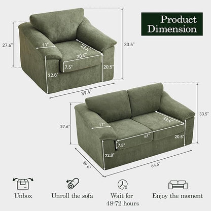 Boneless Couch Sets, Modern Loveseat Sofa with Accent Sofa Chair, Floor Cloud Couch Sets with Extra Comfy Soft Deep Seats for Living Room, Apartment, No Assemby, Set of 2, Green