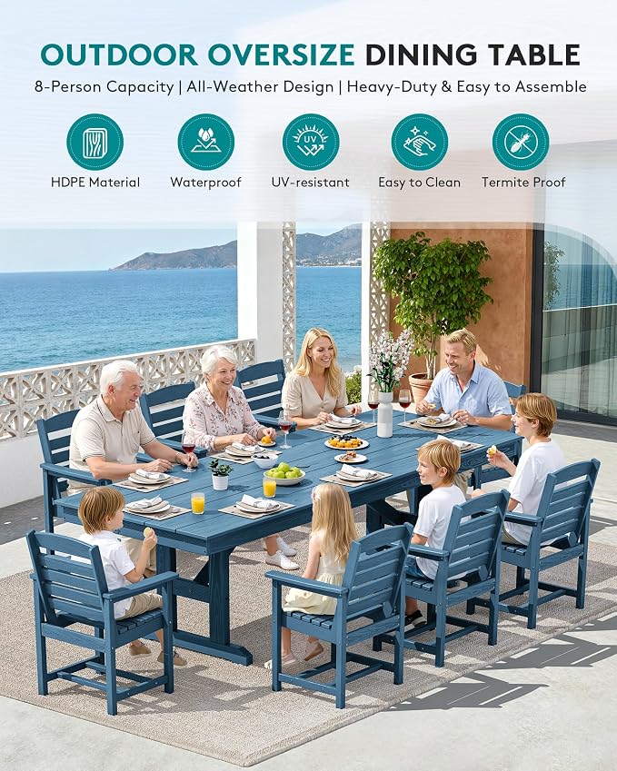 SERWALL 10 Piece 84" HDPE Outdoor Dining Set for 8 with 15ft Double-Sided Umbrella, Blue