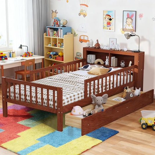 Bellemave Kids Twin Bed Frame with Fences, 2 Drawers & Storage Headboard, Twin Size Platform Bed with 3-Side Guardrails for Kids, Girls & Boys, Walnut
