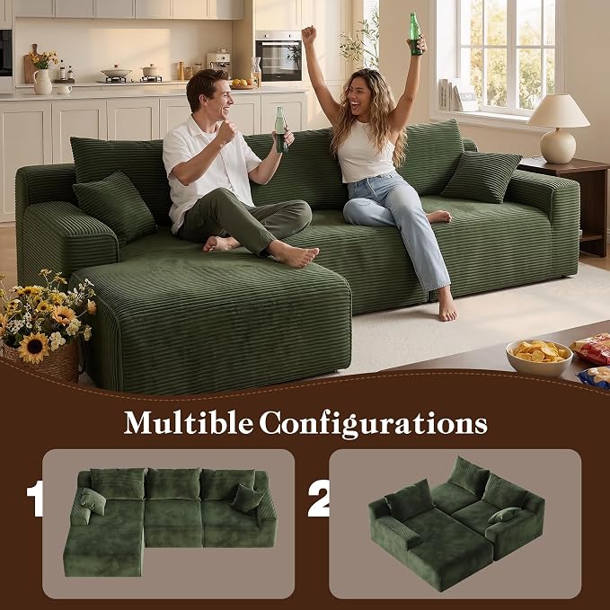 Homkdom 98" Boneless Couches for Living Room, L-Shape Modular Sectional Sofa with Deep Seat Oversized Left Facing Chaise, Cloud Couch for Apartment, Small Space (Green)