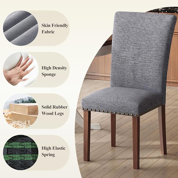 MALOL Dining Chairs Set of 6, High Back Dining Chair with Wood Legs and Nailhead Trim, Modern Padded Kitchen Room Chairs for Dining Room/Restaurant, Grey