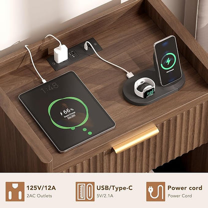 25.9" Fluted Nightstand with Charging Station, Large Modern Bedside Table with Storage Drawer and Metal Handle,End Table for Bedroom, Home Office(1 Pack, Dark Walnut)