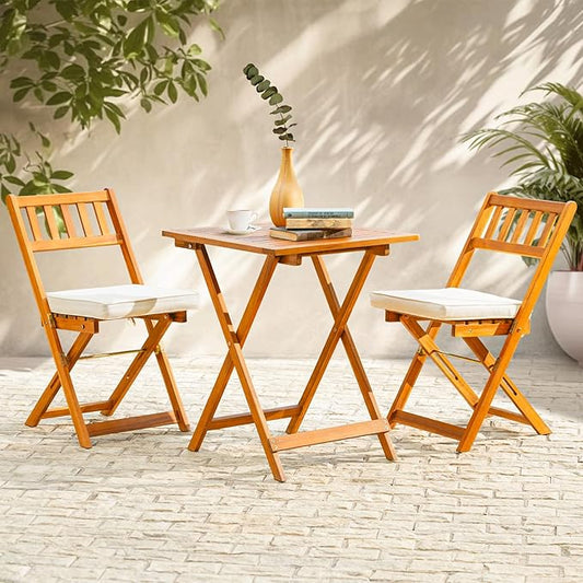 Idzo Heavy Duty 400lbs Capacity Patio Bistro Set 3 Piece Outdoor, Folding Chairs w/Cushion, Square Table, FSC-Certified Acacia Wood, Space-Saving Design for Balcony, Garden and Porch - Upgrade