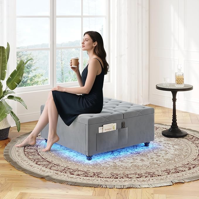Dnxao Large Square Storage Ottoman with Lift Top,Tufted Velvet Ottoman Coffee Table with Charging Station and LED Lights,Multi-Functional Footrest with Storage Pockets & Tray for Living Room,Gray