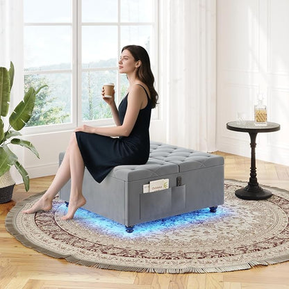 Dnxao Large Square Storage Ottoman with Lift Top,Tufted Velvet Ottoman Coffee Table with Charging Station and LED Lights,Multi-Functional Footrest with Storage Pockets & Tray for Living Room,Gray