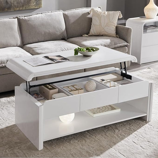 Aitjunz 47" Lift Top Coffee Table with Storage, Modern Coffee Table with Pull-Out Drawer and Two-Tier Storage, Rectangle Wood Center Table w/Curved Profile Design for Living Room, White