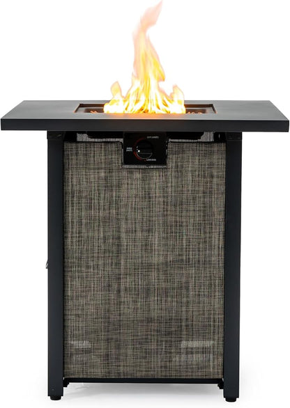 28" Propane Gas Fire Pit Table, 50000 BTU Square Outdoor Fire Pit with Steel Tabletop & Textilene Base, Patio Fire Table with Lava Rocks & Rain Cover for Backyard Deck Garden, Black