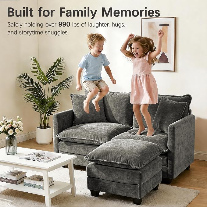 52" Loveseat Sofa, L-Shaped Cloud Couch with Ottoman, Comfy Chenille Love Seat with 2 Pillows, Small Loveseat for Small Spaces, Living Room, Bedroom,Apartment and Office, Grey