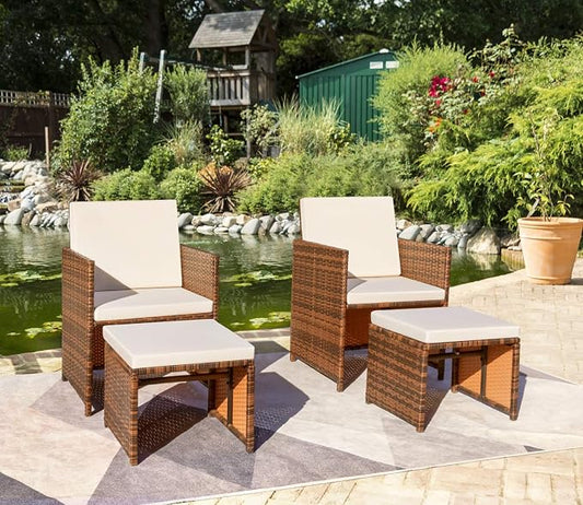 Devoko 4 Pieces Patio Wicker Furniture Set Outdoor Patio Chairs with Ottomans All Weather Cushioned Chairs Balcony Porch Furniture (Beige)