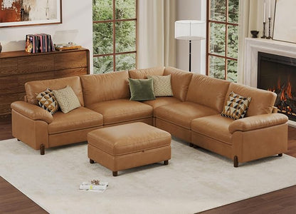 SITJOY Large Cloud Couch, 106" Wide 5 Seater V Shape, Faux Leather in Brown | Pet-Friendly Scratch-Resistant Leather Sectional Sofas for Living Room, Deep Seat Wide Couch with Chaise, Storage Ottoman