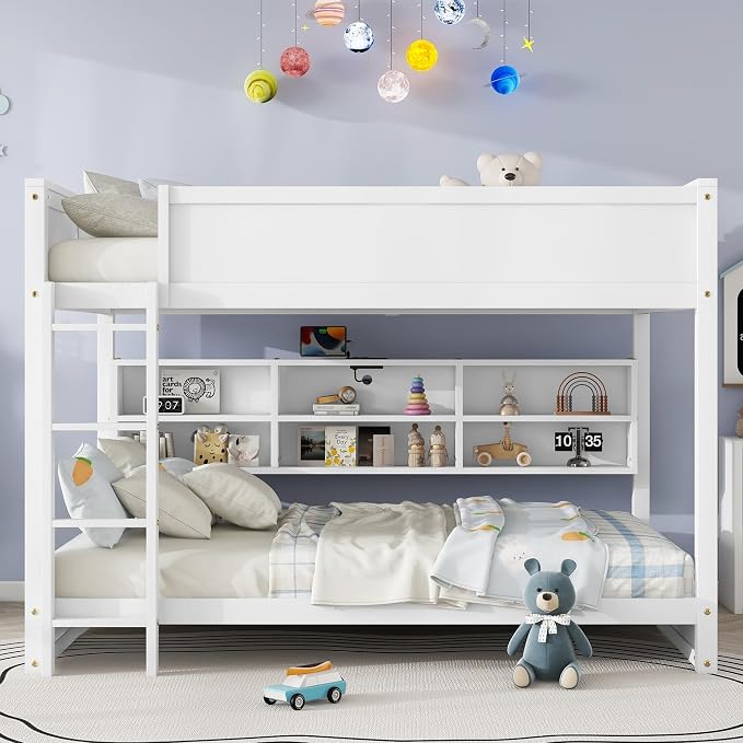 RUNNA Queen Over Queen Bunk Bed with Storage,Charging Station,White | Queen over queen bunk bed with storage cabinets,USB,solid wood frame,guardrails,no box spring needed,space saving, white
