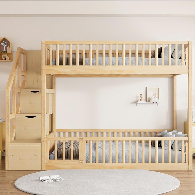 Full Over Full Floor Bunk Bed with Storage Ladder and Guardrails,for Kids Teens Adults (Natural#FF, Full Over Full)