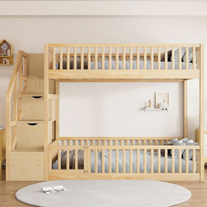 Full Over Full Floor Bunk Bed with Storage Ladder and Guardrails,for Kids Teens Adults (Natural#FF, Full Over Full)