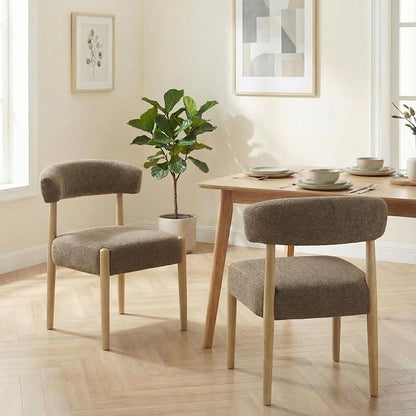 VKNOW Wooden Dining Chairs Set of 6 with Curved Open Back, Dark Brown | Natural Rubberwood Legs, Soft Chenille Fabric, Thickened Cushion, For Adults and Family, Dining Room, Kitchen, No Wobble