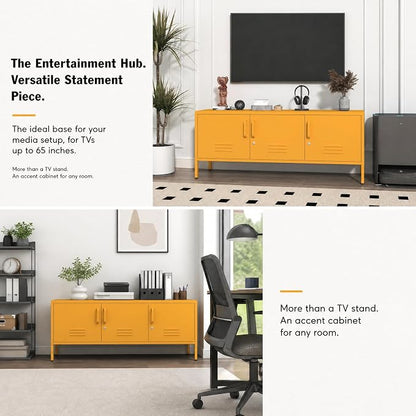 Metal Storage Cabinet with Adjustable Shelves Lockable TV Stand Home Tool Metal Cabinet Easy Assembly Yellow 22" H X 47.3" W X 13.8" D