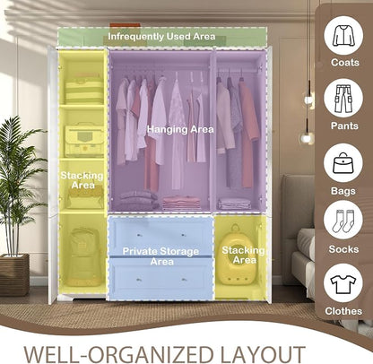 Armoire Wardrobe Closet with Drawers: 74" White Wardrobe Closet with 4 Doors, Tall Bedroom Armoires for Clothes, Wood Closets Cabinet for Hanging Clothes (59")