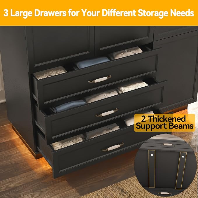 72" Armoire Wardrobe Closet with 3 Door Wooden Bedroom Armoire with LED Light 3 Drawers Large Modern Wardrobe Cabinet with Retro Ceramic Door Handles and Removable Hanging Rod Black