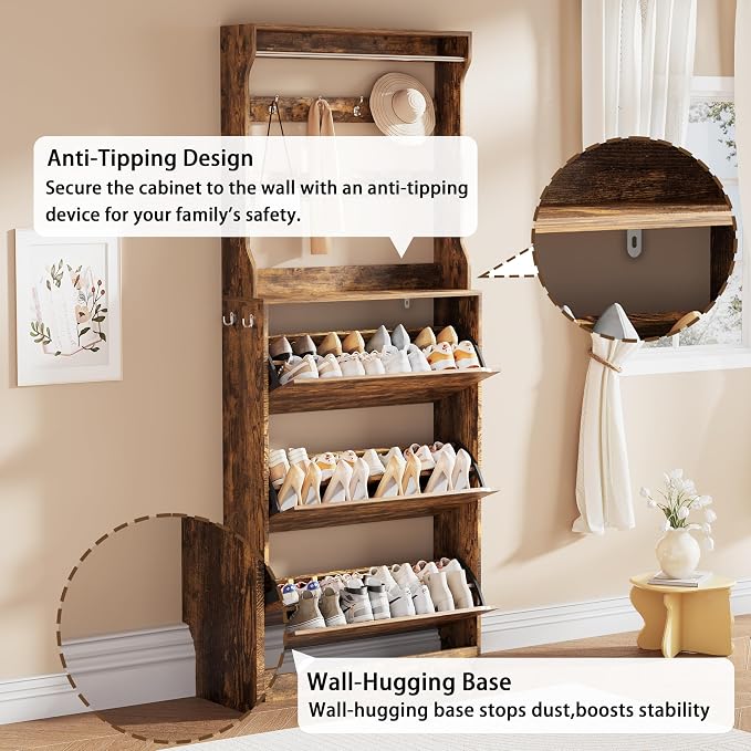 Shoe Storage Cabinet, Wood Shoe Organizer for Entryway with 3 Flip Drawers, Freestanding Shoe Rack with Adjustable Shelf, Narrow Shoe Dresser for Front Door Entrance (Brown, Tall 3 Drawers)