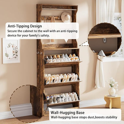 Shoe Storage Cabinet, Wood Shoe Organizer for Entryway with 3 Flip Drawers, Freestanding Shoe Rack with Adjustable Shelf, Narrow Shoe Dresser for Front Door Entrance (Brown, Tall 3 Drawers)