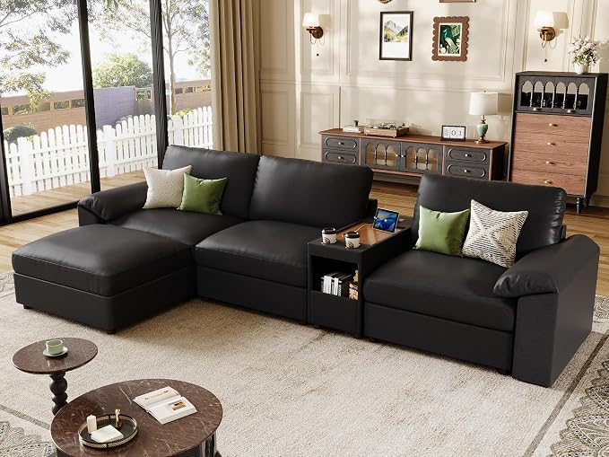 EASE MOOSE Leather Sectional Couch with Console,Oversized Modular Sectional Sofas,Wide Deep Seat Modular Couch,Scratch Resistant Faux Leather Material,L Shaped Sofa for Big Spaces,Black