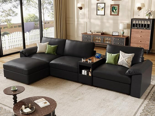 EASE MOOSE Leather Sectional Couch with Console,Oversized Modular Sectional Sofas,Wide Deep Seat Modular Couch,Scratch Resistant Faux Leather Material,L Shaped Sofa for Big Spaces,Black