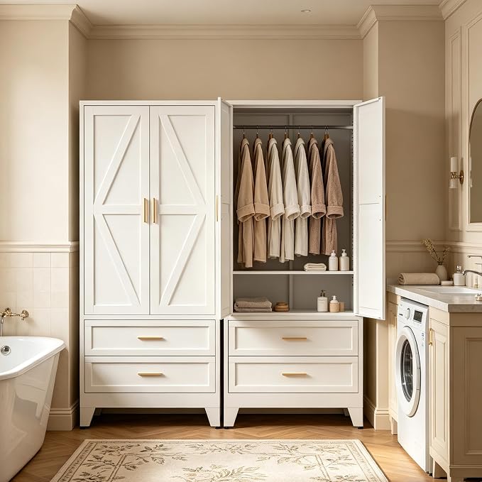 71" H White Armoire Wardrobe Closet with Drawers,Metal Wardrobe Closet with Doors and Shelves,Tall Wardrobe Closet for Bedroom