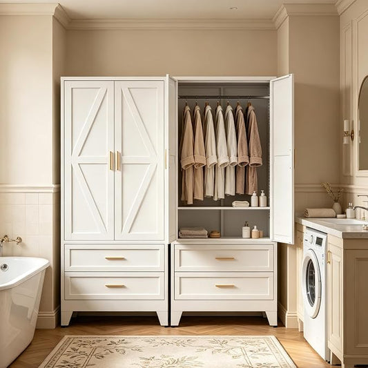 71" H White Armoire Wardrobe Closet with Drawers,Metal Wardrobe Closet with Doors and Shelves,Tall Wardrobe Closet for Bedroom