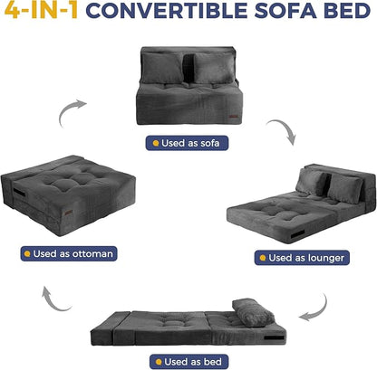 MAXYOYO Convertible Sofa Bed, Fold Out Loveseat Sofa Couch with Pillow, 4 in 1 Tufted Folding Couch Bed Foam Floor Couch, Lazy Chair for Living Room Bedroom Guest Room, Dark Grey