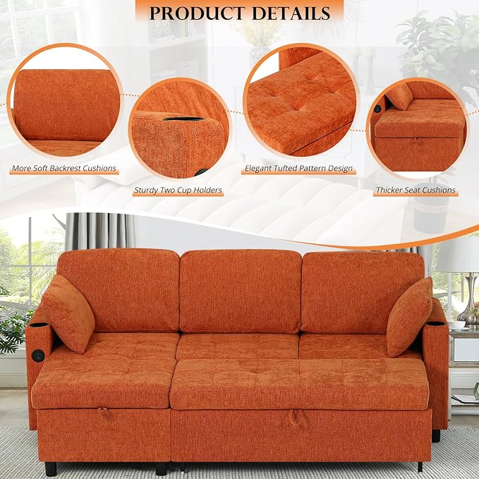 84 Inch Sleeper Sofa Bed w/7 Angles Adjustable Backrests, Chenille sectional Sofa Bed w/USB Port, Convertible L-Shaped Couch Bed w/Storage Chaise & Thicker Cushions for Living Room, Orange
