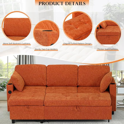 84 Inch Sleeper Sofa Bed w/7 Angles Adjustable Backrests, Chenille sectional Sofa Bed w/USB Port, Convertible L-Shaped Couch Bed w/Storage Chaise & Thicker Cushions for Living Room, Orange