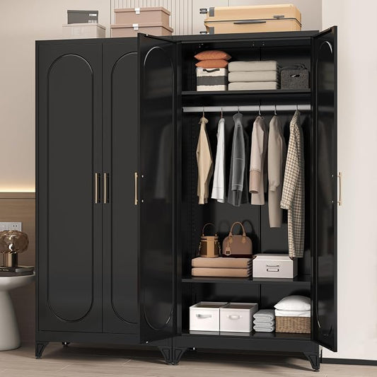 Metal Wardrobe Cabinets,Black Armoire Wardrobe Closet with Hanging Rod,Clothes Storage Cabinet with Adjustable Shelves and Doors,Clothing Cabinet for Bedroom, Office, Laundry Room