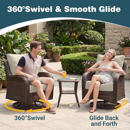 Patio Furniture Set, 7PCS Outdoor Wicker Conversation Set with 6" Thick Cushions, High Back Rattan Sofa & Swivel Rocker Chairs, Weather Resistant Olefin Fabric for Garden, Poolside, Beige