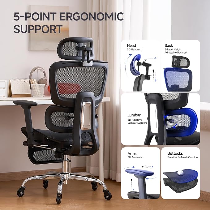 Office Chair with Footrest, Ergonomic Chair with Neck Pillow & Rubber Wheels, Computer Chair with Adjustable Backrest & 3D Armrests Headrest, Gaming Chair Adaptive Lumbar Support, Black