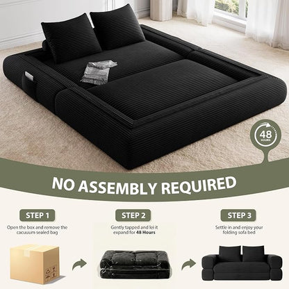 Jocoevol 4-in-1 Convertible Folding Sofa Bed, 78"W x 68"L Queen Size Foldable Sleeper Sofa Bed, Wide Corduroy Upholstery, Boneless Mattress Couch with Armrests & Neck Pillow for Living/Bedroom, Black