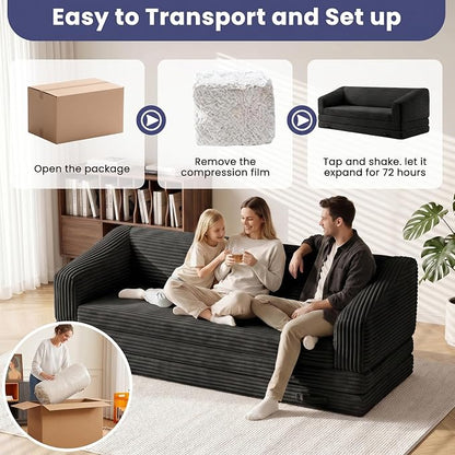JUIKURY Convertible Sofa Bed, 3-in-1 Foldable Loveseat Couch with Armrest, Corduroy Floor Sofa & Sleeper Bed, No Assembly High-Density Foam Futon Mattress for Living Room, Small Apartment, Dorm