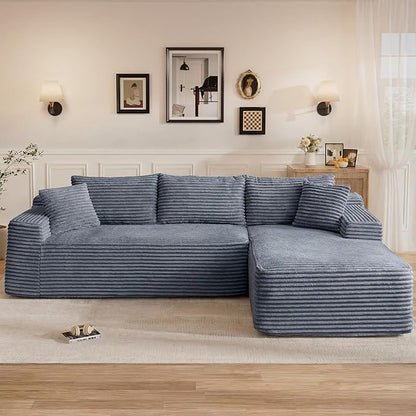 95" L Shaped Cloud Boneless Sectional Couches for Living Room, Modern Comfy Modular Deep Seat Memory Foam Compressed Corduroy Sofa Oversized Right Facing Chaise, No Assembly Required, Grey