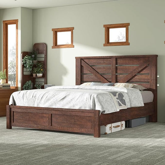 AMERLIFE Full Size Bed Frame with 49.2" Barn Door Headboard and Footboard, Rustic Farmhouse Platform Bed Frame with Wood Slats, No Box Spring Needed, Under Bed Storage, Reclaimed Barnwood