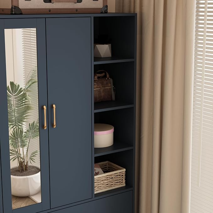 Homsee Wardrobe Armoire Wooden Closet with Mirror, 2 Doors, 2 Drawers, 4 Open Storage Cubes and Hanging Rod for Bedroom, Navy Blue (35.5”L x 15.8”W x 70.8”H)