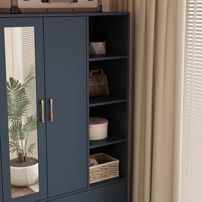 Homsee Wardrobe Armoire Wooden Closet with Mirror, 2 Doors, 2 Drawers, 4 Open Storage Cubes and Hanging Rod for Bedroom, Navy Blue (35.5”L x 15.8”W x 70.8”H)