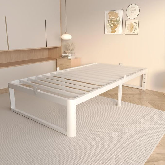 VYM 14 Inch Twin Size Bed Frame with Metal Gaskets, No Box Spring Needed, DIY Headboard, Heavy Duty Steel Slat Support, Anti-Slip Mattress Stopper, Round Corner Leg, Easy Assembly, White