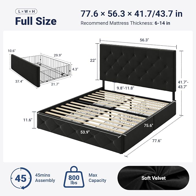 Allewie Upholstered Full Size Platform Bed Frame with 4 Storage Drawers and Adjustable Headboard, Diamond Button Tufted, Wooden Slats Support, Noise-Free, No Box Spring Needed, Easy Assembly, Black