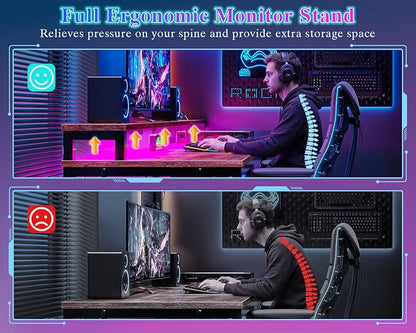 Furologee 55" Gaming Desk with LED Lights & USB-C Port, Reversible Computer Desk with Monitor Stand, Storage Shelves & 2 Fabric Drawers, Home Office Desk with Power Outlets & Hooks, Rustic Brown