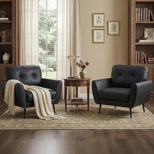 TYBOATLE Accent Chairs Set of 2, Comfy Modern Living Room Chair Black Leather Reading Accent Chairs Tufted Mid Century Arm Chair Small Salon Chair for Office Bedroom (2, Black)