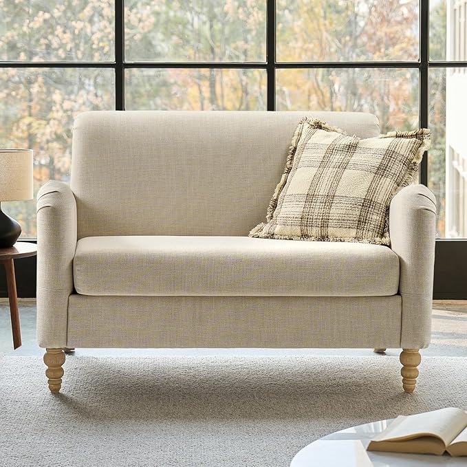 HULALA HOME 50.5" Loveseat Sofa with Solid Wood Spindle Legs, 2 Seater Farmhouse Sofa with Rolled Wide Armrests, Comfy Upholstered Small Couch for Living Room Bedroom, Linen