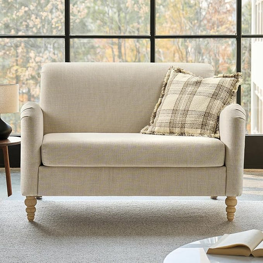 HULALA HOME 50.5" Loveseat Sofa with Solid Wood Spindle Legs, 2 Seater Farmhouse Sofa with Rolled Wide Armrests, Comfy Upholstered Small Couch for Living Room Bedroom, Linen