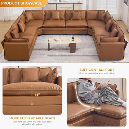 147'' Oversized U Shaped Cloud Sectional Sofa, Leather Deep Seat Couches for Living Room, Comfy Upholstered Modular Sectional Sofa Couch, Leather Light Brown