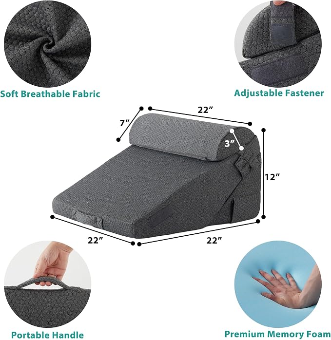 3Pcs Orthopedic Bed Wedge Pillow Set, Foam Wedge Pillow Post Surgery for Back, Leg and Knee Support, Adjustable 9&12 Inch Folding Triangle Pillow for Sleeping, Acid Reflux, Snoring, Dark Grey