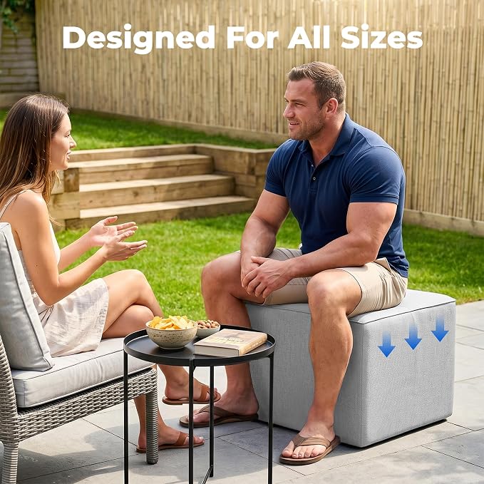 Living&Giving Square Outdoor Ottoman Pouf, 24 Inch Waterproof Patio Ottoman Foot Rest with Solid High-Density Foam, Comfy Boneless Footstool for Outside Couch & Seating, Light Gray