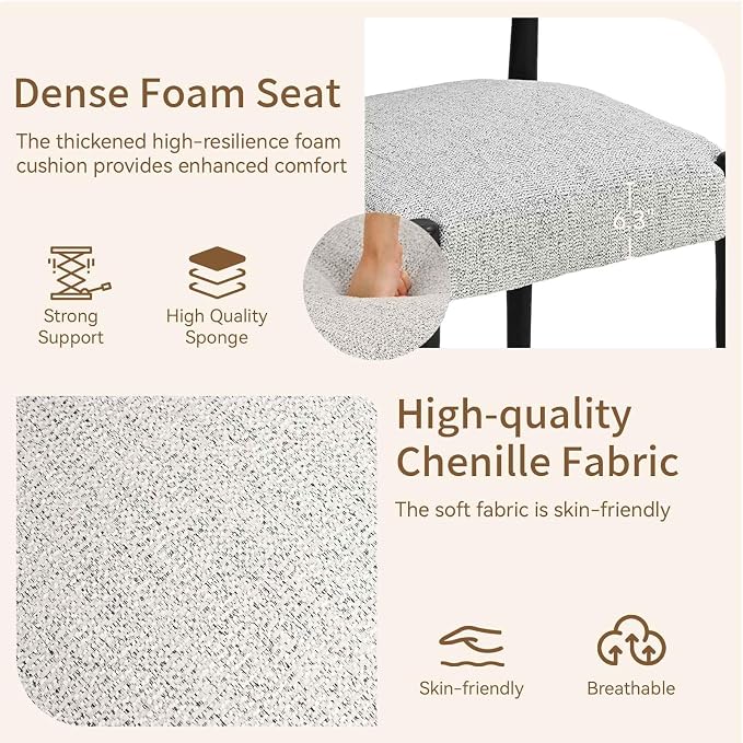VKNOW Wooden Dining Chairs Set of 4 with Black Legs, Heathered Off-White | Soft Chenille Fabric, Curved Open Back, Thickened Cushion, For Adults and Family, Dining Room, Kitchen, No Wobble