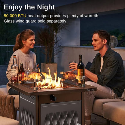 EAST OAK 28'' Stainless Steels Fire Pits Table, 50,000 BTU Upgraded Steel Gas FirePit for Outdoor, Outside Patio, CSA Certified Fire Table with Magnetic Lid, Cover-Storage Basket and Lava Rock, Brown